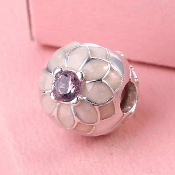 

925 sterling silver blooming dahlia clip charm with enamel & blush pink cz bead fits european jewelry pandora style charm bracelets, Black