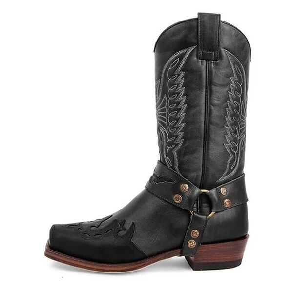 

boots autumn winter women's fashion vintage long causal embroidery leather low heel west cowboy style tall women 230330, Black
