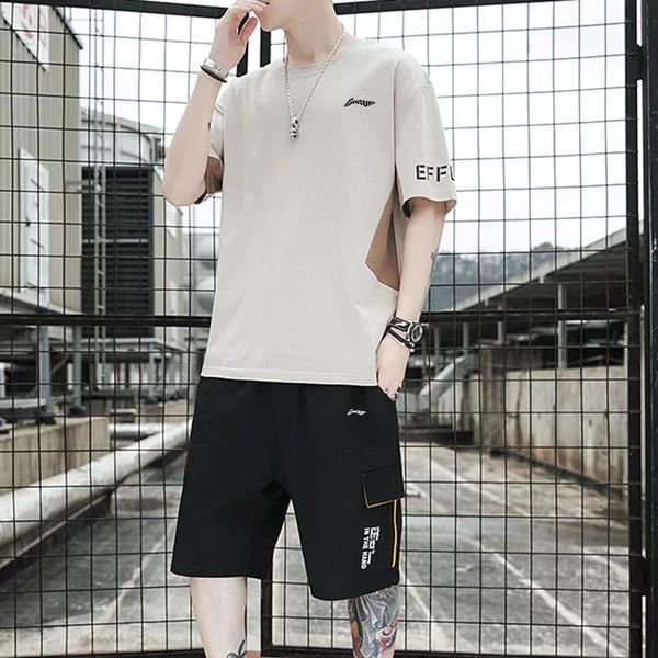 

summer short sleeve t-shirt men's set relaxed casual sportswear, White;black