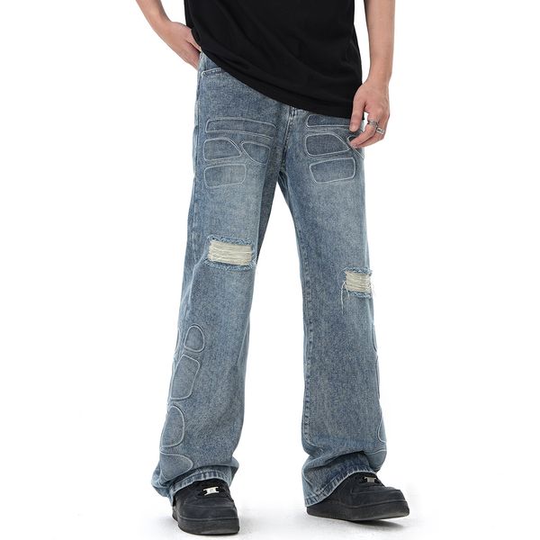 

pants streetwear hole washed baggy jeans men's and women's straight distressed loose casual denim trousers, Black;brown