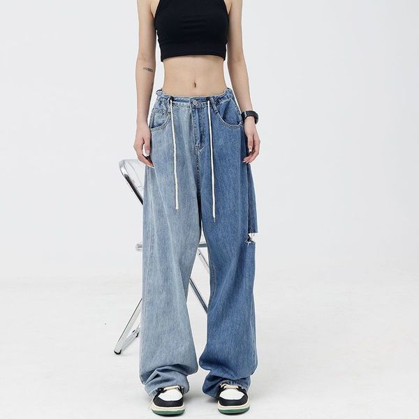

women's jeans vintage oversize contrast color wide leg jean streetwear fashion casual pants drawstring denim loose straight trousers 23, Blue
