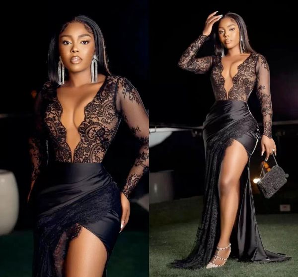 

deep v-neck evening dresses formal prom party gown mermaid long sleeve floor-length sweep train lace satin long thigh-high slits illusion, Black