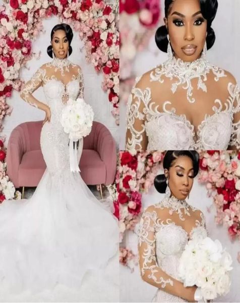 

2023 plus size arabic aso ebi lace beaded mermaid wedding dress high neck sheer neck long sleeves vintage bridal gowns dresse5910594, White