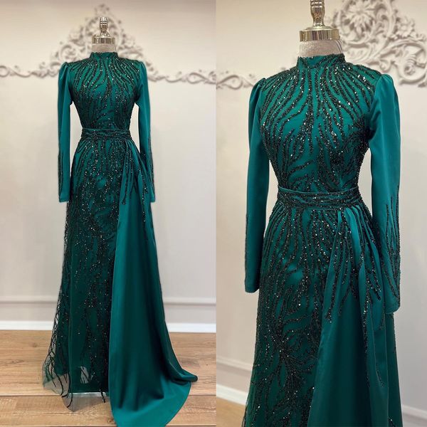 

glamorous mermaid prom dresses high neck long sleeves applicants on tulle satin belt zipper floor length custom made party dress vestido de, Black