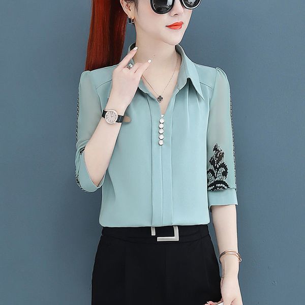 

women's polos half sleeve chiffon shirt blouses summer fashion turn down collar blusas mujer 4xl 230330, White