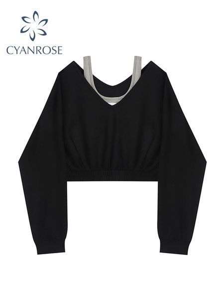 

men s hoodies sweatshirts woman sweatshirt fashion female chic loose casual streetwear patchwork ins street y2k fake two pieces crop 230330, Black