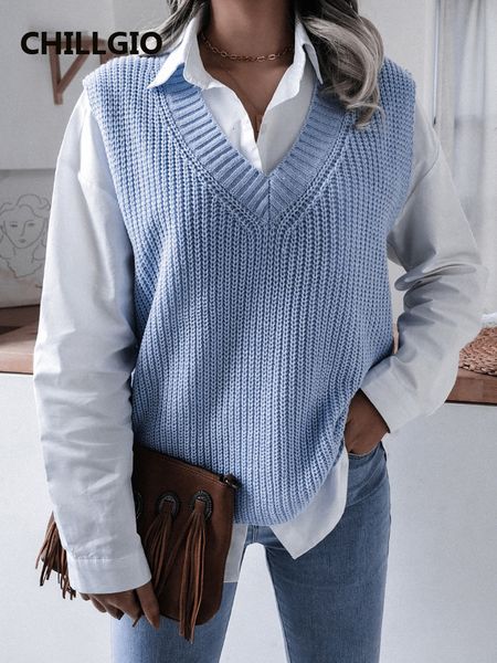 

women's vests chillgio autunn women's knitted tank casual solid elastic street clothing knitted winter v-neck fashion korean sleev, Black;white