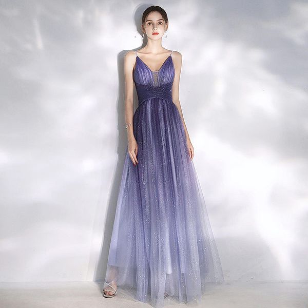 

purple shining bridesmaid gowns v-neck spaghetti straps tulle pleat a line long prom dress for celebriity party guests night dinner, White;pink
