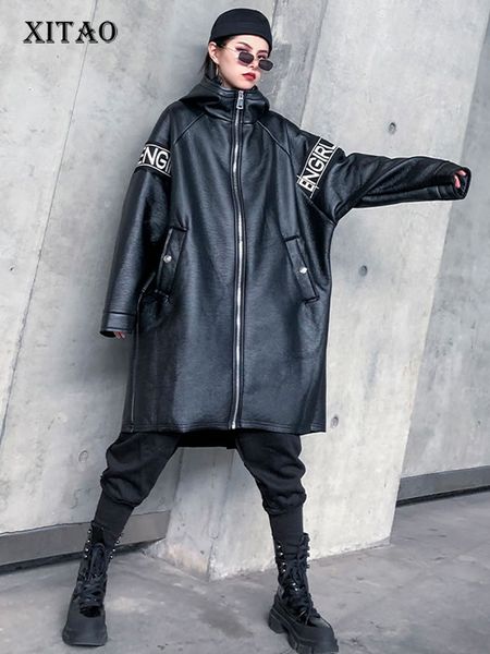 

women s leather faux xitao letter women fashion autumn pocket elegant goddess fan hooded collar loose coat zll4442 230330, Black