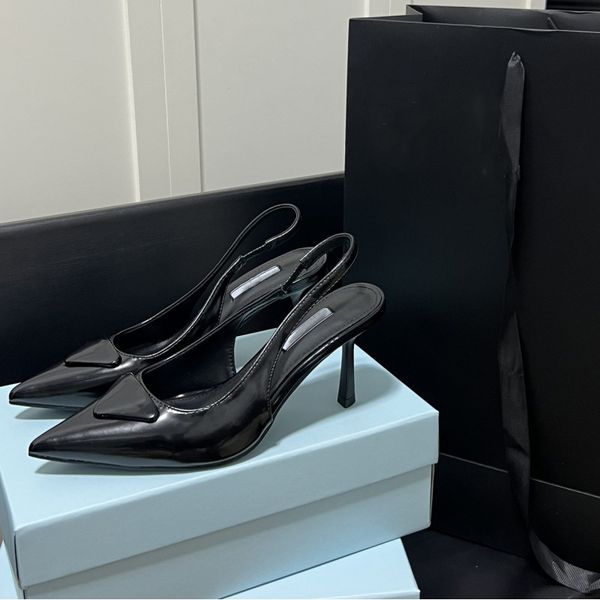 

designer fashion classic summer high heels triangle logo dress shoes high heels casual sandals black white pink leather stiletto heels