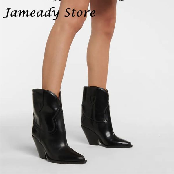 

boots real leather western cowboy for women chunky high heel short fashion designer ankle lady british metal botas 230330, Black