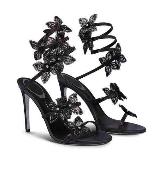 

romantic lady wedding black white rene sandals shoes floriane highest quality materials flowers and strass caovilla luxurious brand heels pa