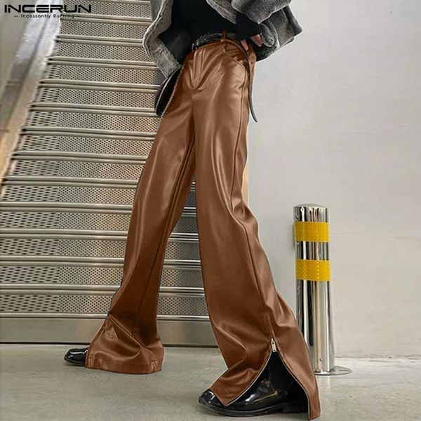 

men's jeans incerun wide leg pants solid pu leather pockets elastic waist fashion casual trousers 2023 joggers streetwear pantalon 2303, Blue