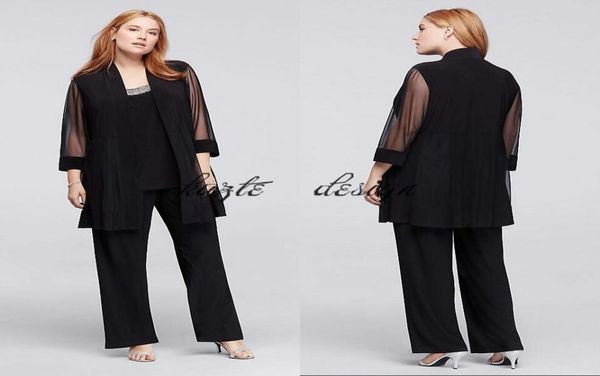 

3piece plus size pantsuit with beaded neckline black chiffon custom make mother of the bride groom pant suit5836738, Black;red
