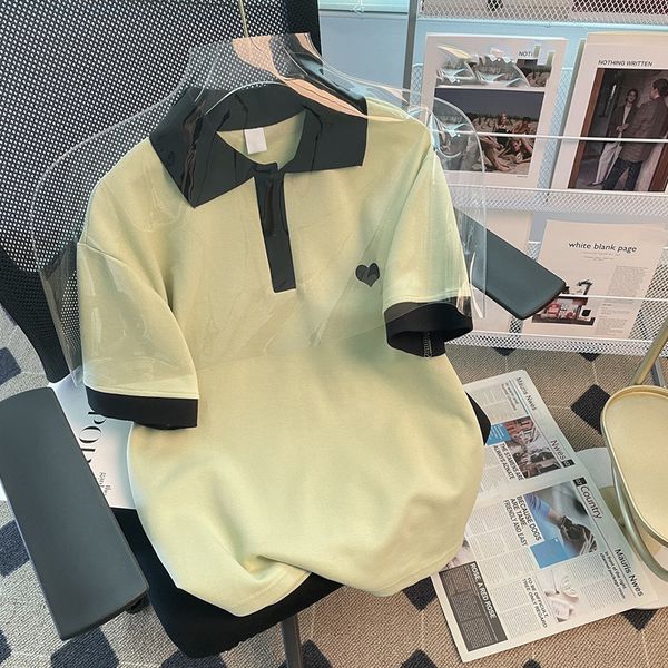 

women's polo's contrast polo neck shortsleeved tshirt korean fashion street oversize green casual loose summer 2023 230330, White