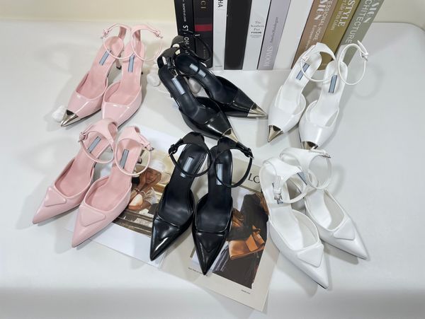 

women dress shoes high heels sandal triangle buckel pointed toe sandals logo slingback ankle strap pumps designer genuine leather stiletto l, Black