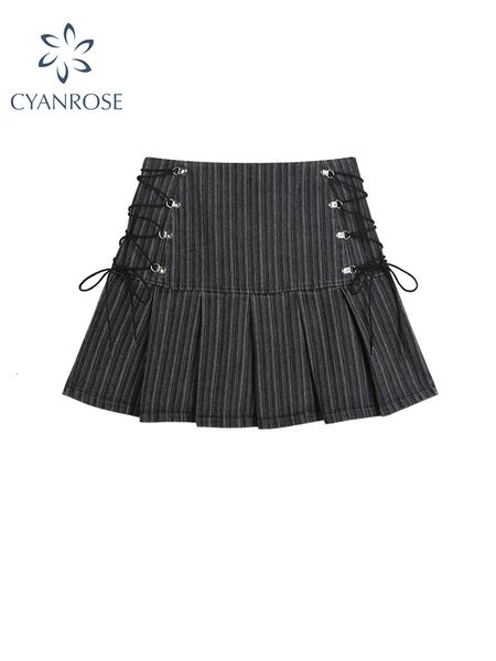 

skirts y2k pleated women high waist grey stripe bandage mini summer a line vintage harajuku streetwar 230329, Black