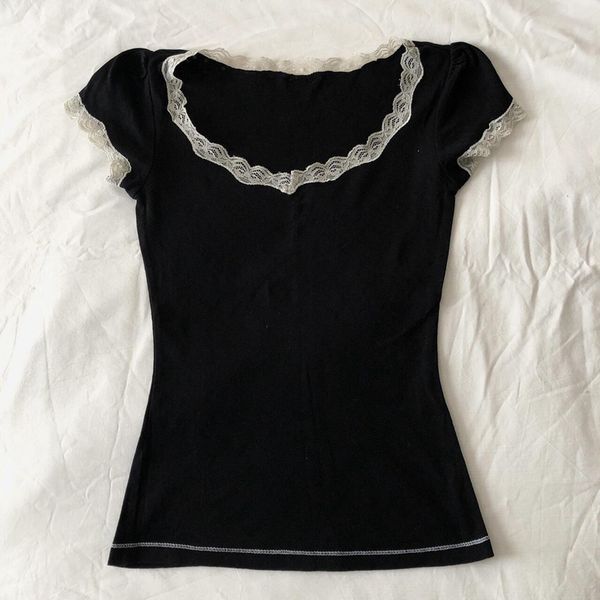 

women s t shirt white lace trim neckline crop fairycore aesthetics vintage black milkmaid tees chic women y2k retro grunge t shirt korean 2
