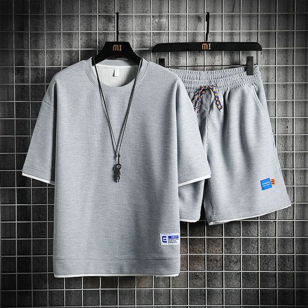 

men's tracksuits summer relaxed men's set waffle fabric breathable men's casual sports set t-shirt and shorts fashion two pie, Gray