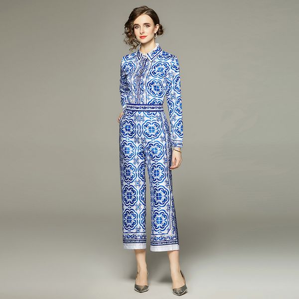 

2023 designer two piece pants vacation outfit women paisley print blouse and trousers graceful party 2 piece pant suit long sleeve office la, White