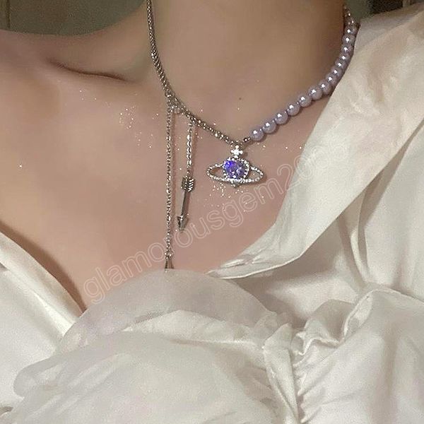 

artificial pearl chokers necklace woman planet bridal wedding necklaces link chain pendant girls jewelry gold color, Silver