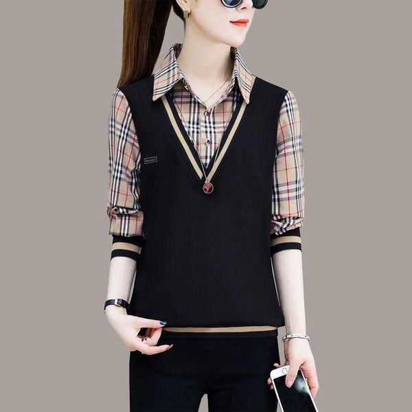 

polos imitacja dwuczesciowej koszuli z dlugim rekawem damska nowa wiosna jesien moda damska koszula w krate bluzka m3xl, White