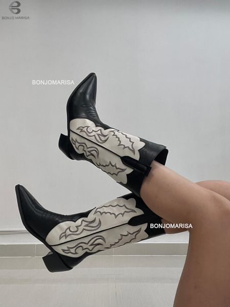 

boots western for women emboridery design fashion cowboy cowgirl brad comfy low med heel shoes girls vintage 230330, Black