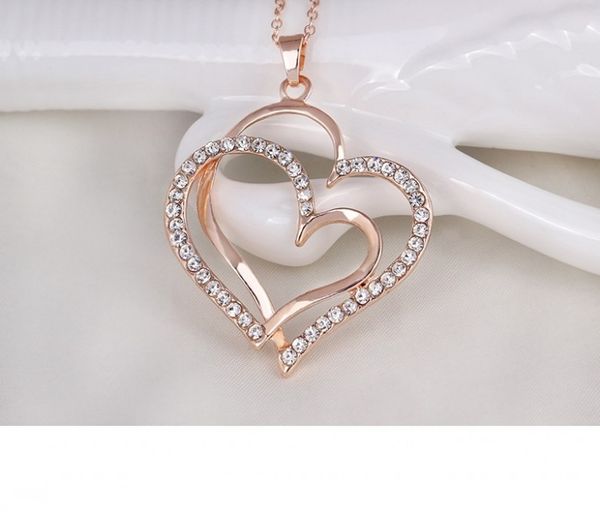 

wholesale double-deck peach heart shape pendant necklace inlaid zircon rhinestone twinkle decorate adjeustable length plating white k rose g, Silver