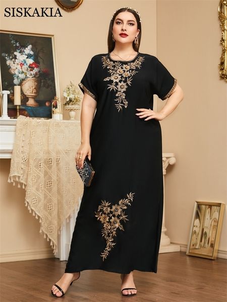 

plus size dresses ladies fashion woman summer size round neck short sleeve vintage floral embroidery loose casual black dress 230330