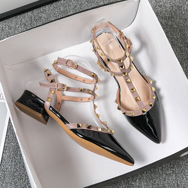 

sandals summer highheeled women's sandals fashion brand design pointed rivet red casual shoes large size 4143 230330, Black