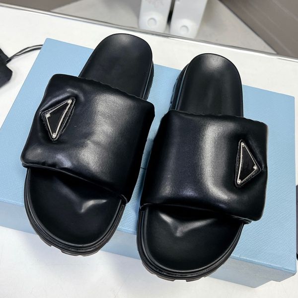 

luxury designer shoes european style triangle slippers men & woman size 35-41 thick bottom flat slides tpu eva pillow comfort soft lady sand, Black