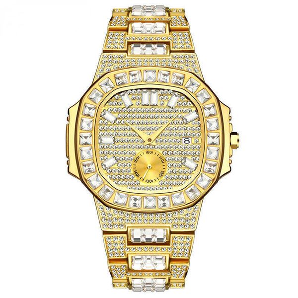 

wrist watch fashion punk hip hop full diamond men's gold waterproof calendar quartz tide, Slivery;black