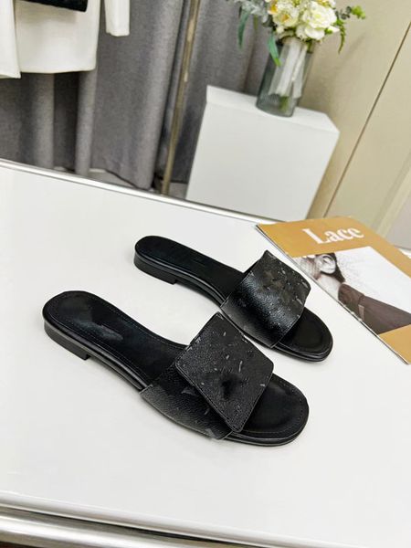 

designer summer beach slippers fashion loafers lazy low heeled flops leather letters lady cartoon slides women shoes metal ladies sandals la, Black