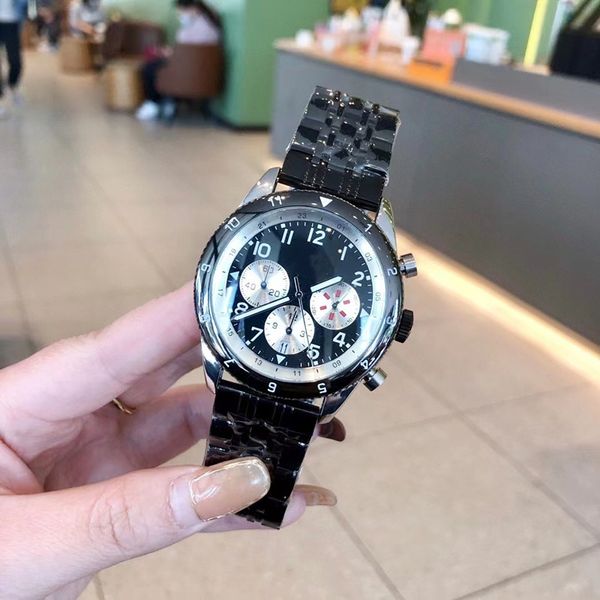 

2023 new avi men's wristwatch 43mm quartz movement multifunctional imported cowhide belt watch band high grade casual business watch, Slivery;brown