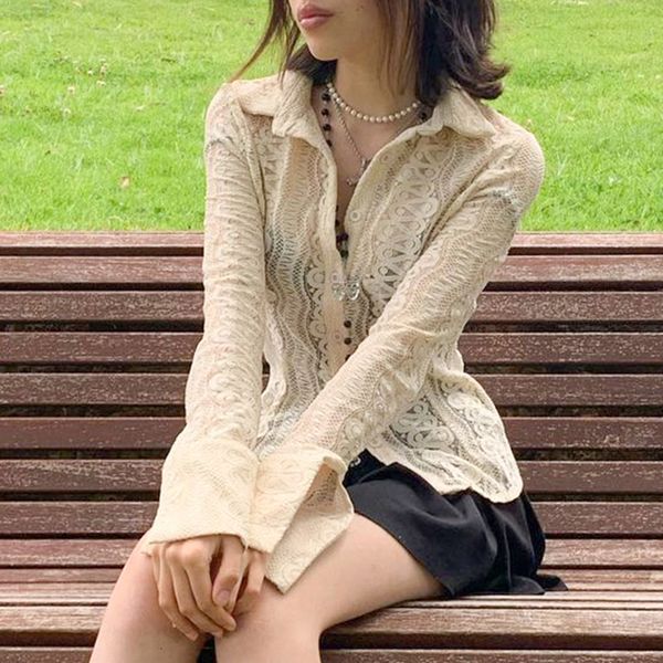 

women s t shirt y2k fairycore grunge white lace t shirt see through button full sleeve crop tees elegant lady women retro streetwear 230330