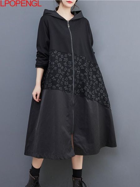 

women s trench coats clothing 2023 spring retro stitching hooded fashion temperament windbreaker loose casual long sleeve zipper jacket 2303, Tan;black