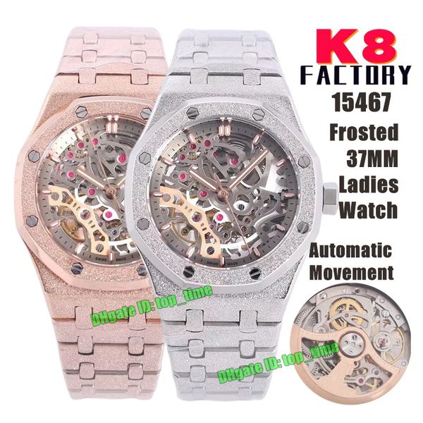 

k8 factory watches 15467 frosted rose gold 37mm automatic womens watch skeleton dial frosted stainless steel bracelet ladies wristwatches, Slivery;brown