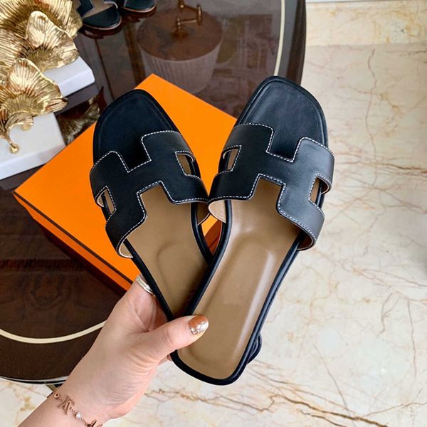 

designer ladies beach flat flip flops chypre women leather classic oran luxury sandalias men summer fashion slippers with box doty, Black