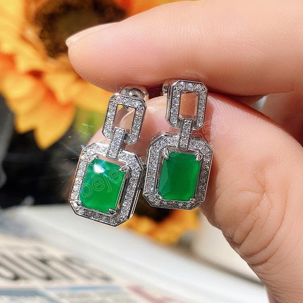 

trendy green dangle earrings square cubic zirconia fashion elegant lady's earrings wedding party women luxury jewelry, Silver