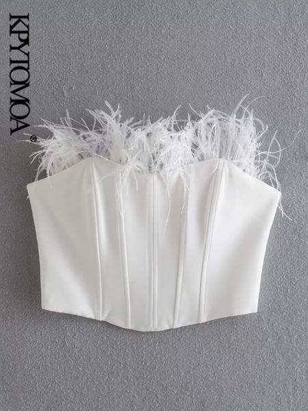 

womens tanks camis kpytomoa women fashion with feathers fitted crop bustier vintage strapless back metal hook female mujer 230330, White