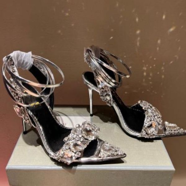 

metallic crystal embellished ankle-tie sandals heeled stiletto heels for women party evening shoes open toe calf mirror leather luxury desig, Black