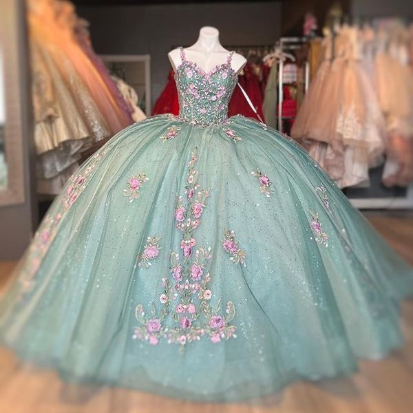 

2023 glitter light green quinceanera dresses sweetheart spaghetti strap gorgeous 3dflower applique beading ball gown party prom dress, Blue;red