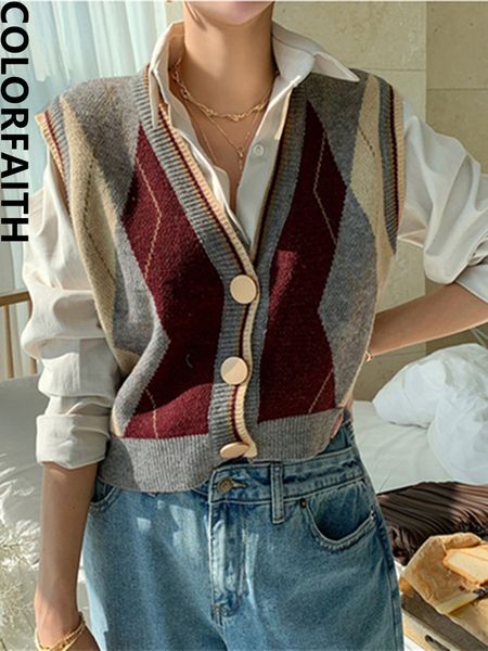 

women's vests colorfaith swv1380jx autumn winter women's sweater v-neck sleeveless oversized vintage tank argyle tank women's, Black;white