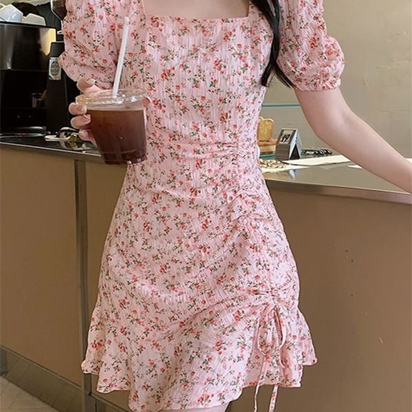 

casual dresses zoki sweet women's printed flower dress fashion puff sleeve high waist mini dress summer elegant women's shirt kore, Black;gray