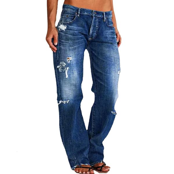 

women's jeans ladies denim pants trend waist hole casual straight woman high womens jean clothes blue 230330