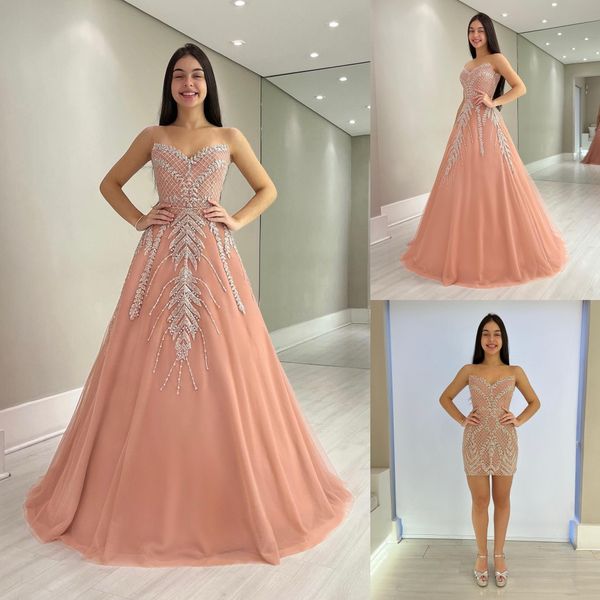 

fashion beaded prom dresses a line appliqued evening gowns with detachable train strapless neckline tulle formal dress, Black