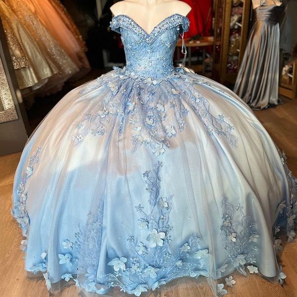 

glittering sky blue off-shoulder quinceanera dresses beading 3dflower applique vestidos de 15 anos birthday party ball gown corset, Blue;red