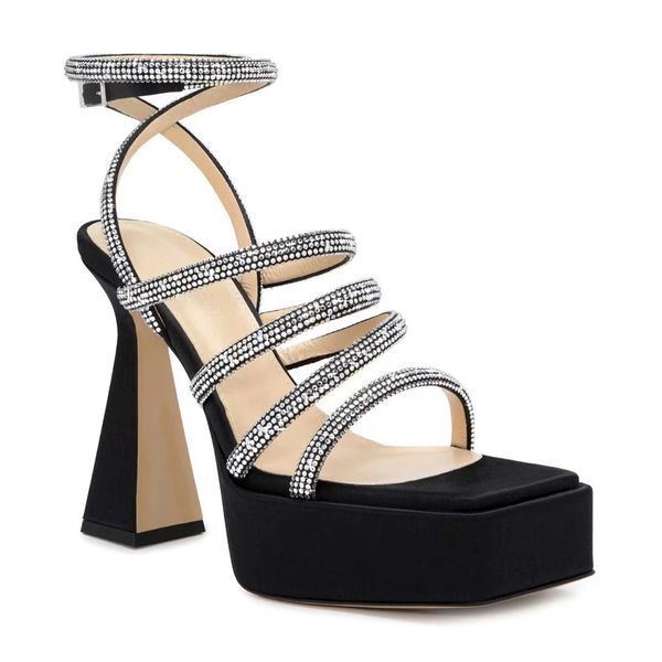 

waterproof platform sandals heels shoes calf leather ankle strap block high heeled open toe women luxury designers dress shoe factory footwe, Black