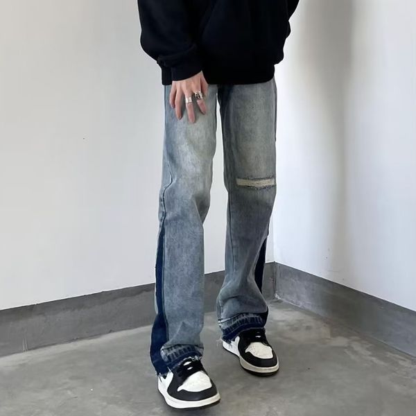 

men's jeans deeptown patchwork men classic hole cross straight denim pants hip hop casual loose trousers male washed fashion spring 230, Blue