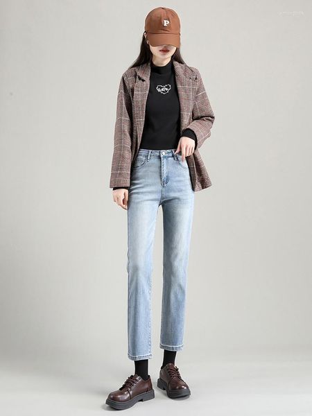 

women's jeans straight stretch woman high waist casual vintage blue